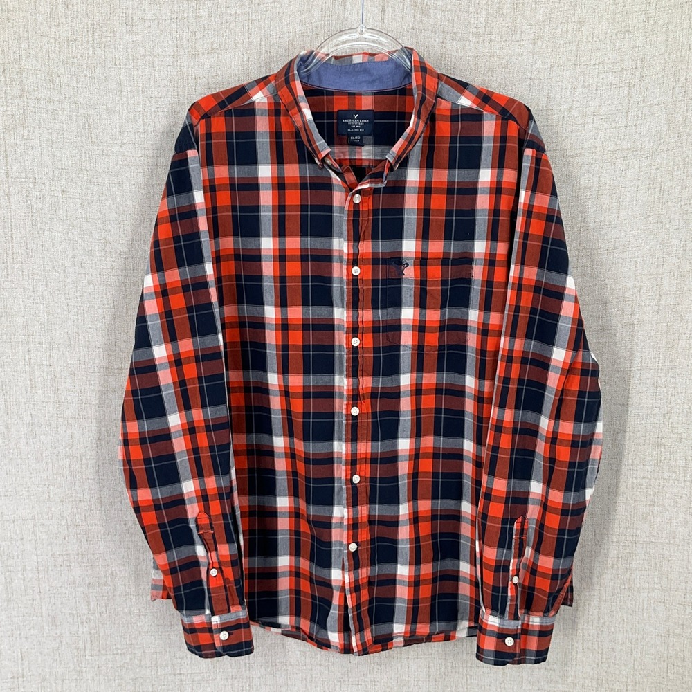 American Eagle Button Down Shirt Mens XL Orange Cotton Plaid Classic Long Sleeve